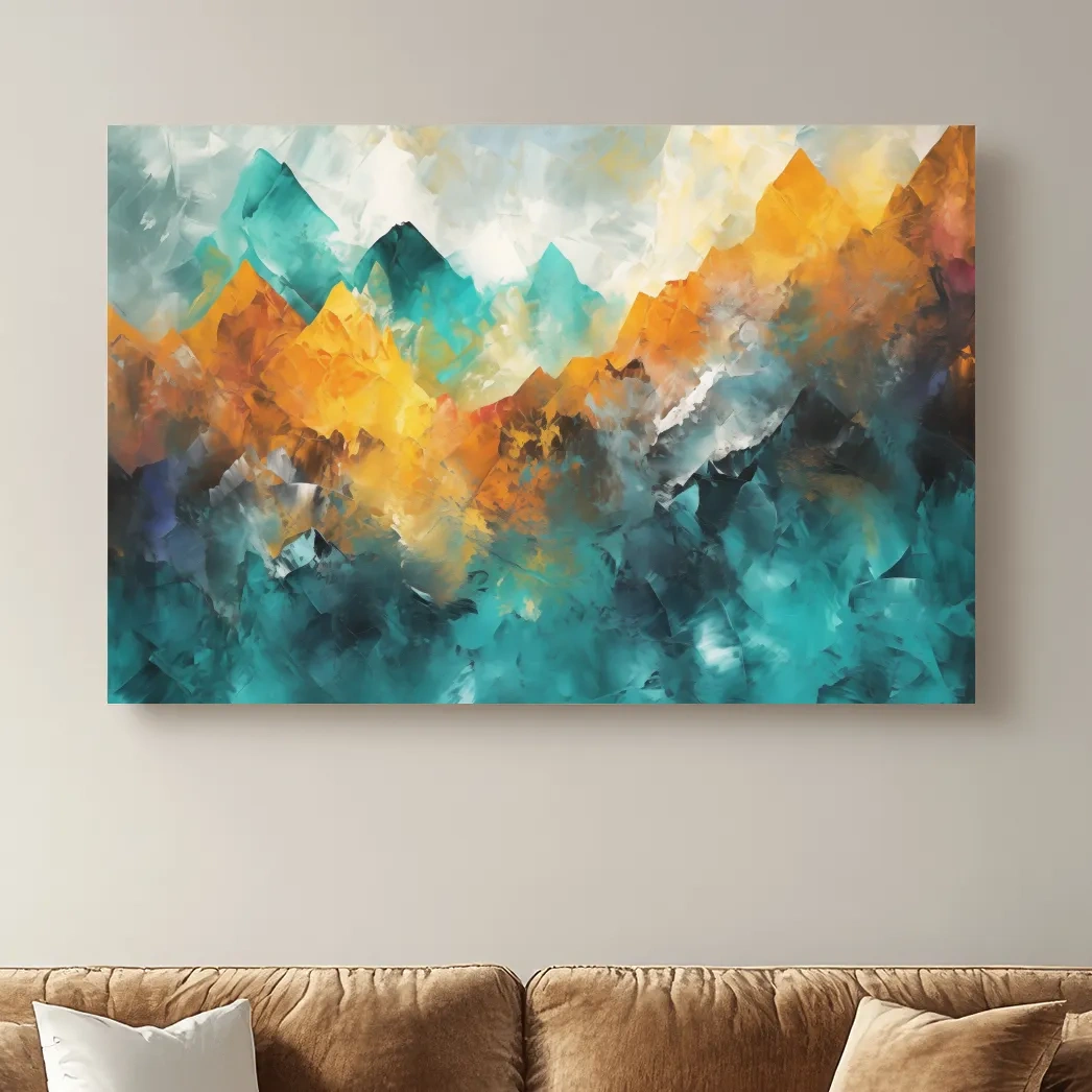 Abstract mountain painting, vibrant colorful wall art