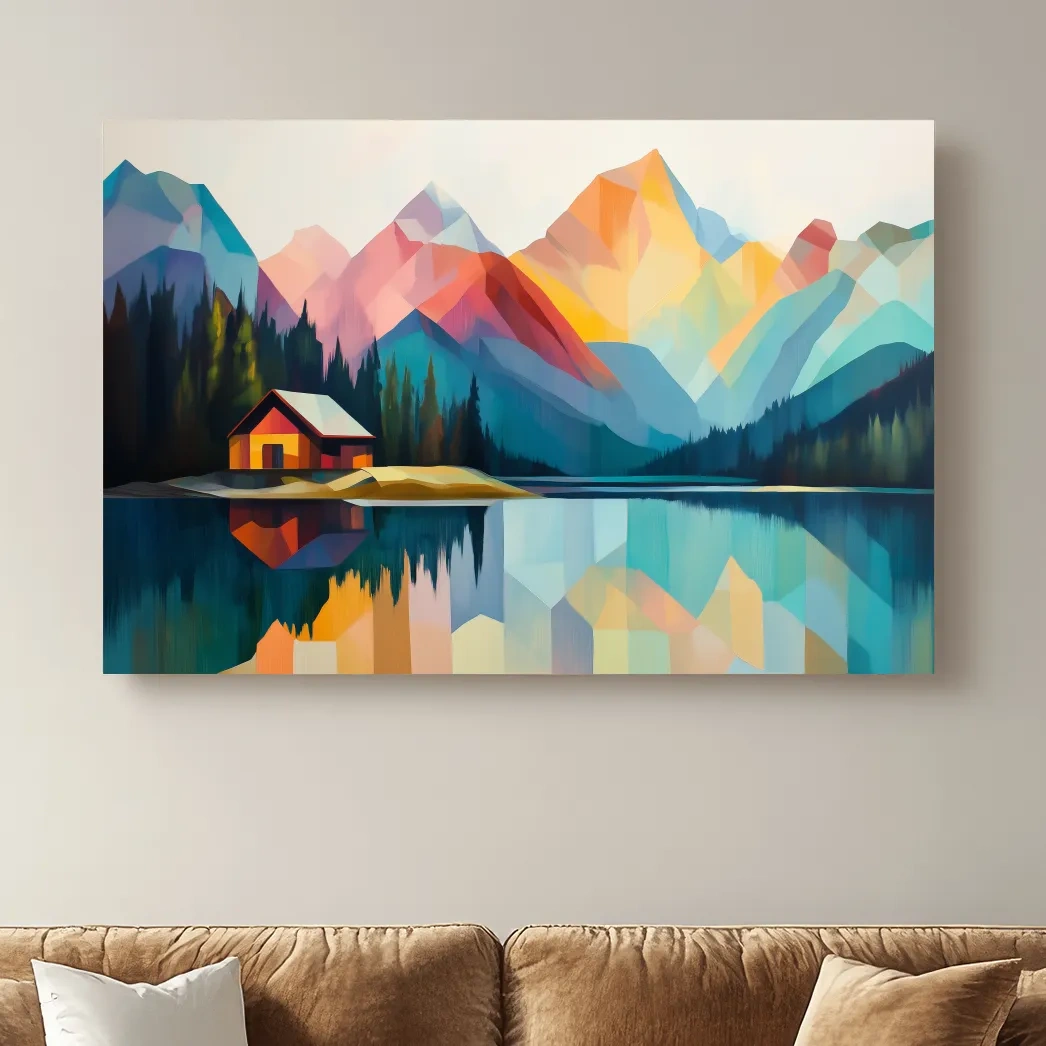 Colorful mountain cabin artwork, geometric landscape wall art