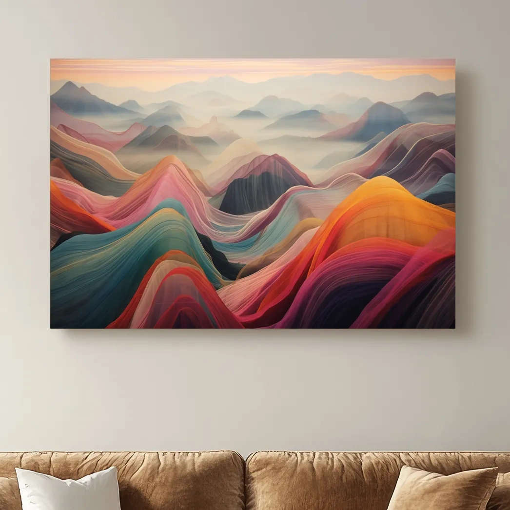 Colorful abstract mountain wall art, layered flowing waves effect
