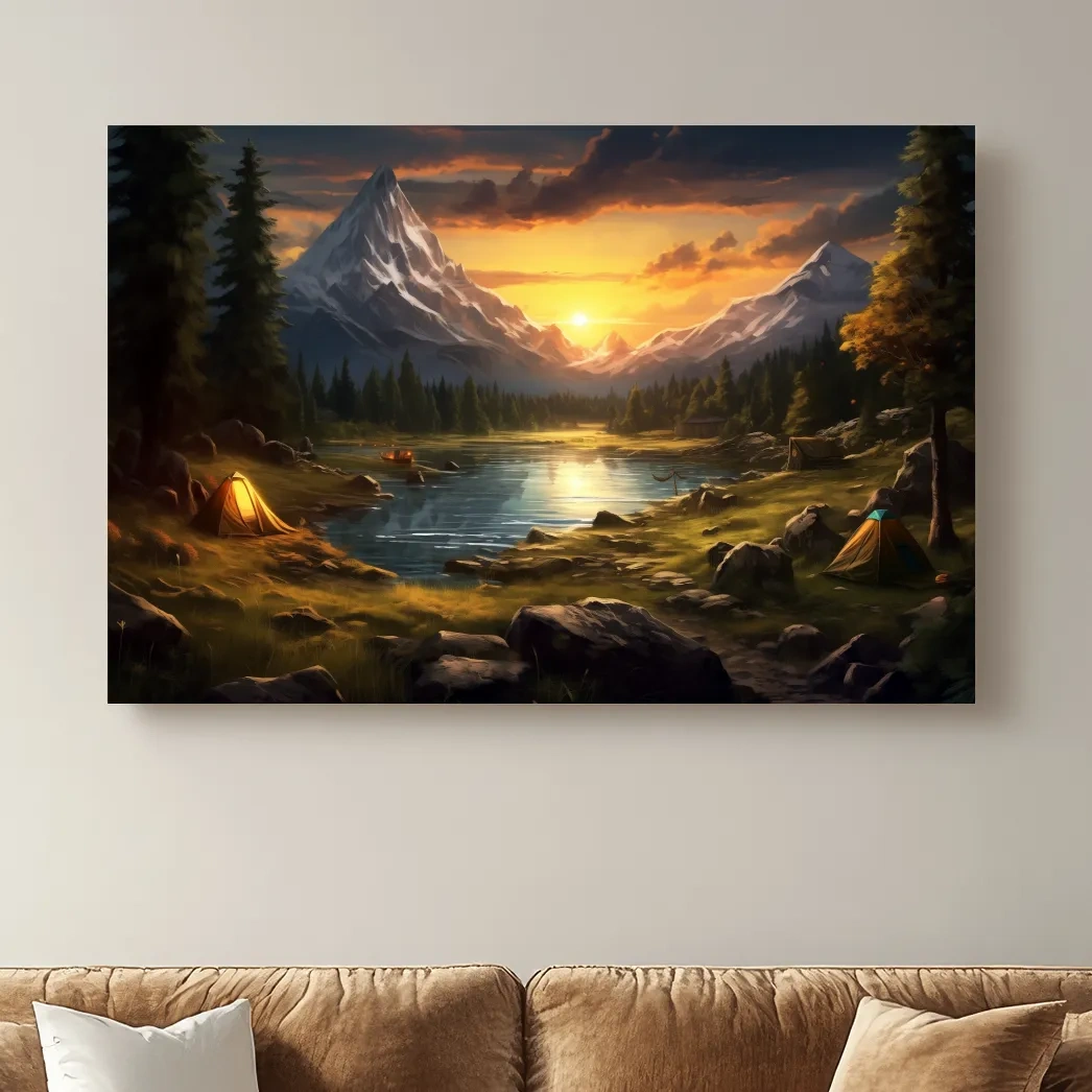 Painting of an alpine campsite by a lake at sunset, serene wall artwork