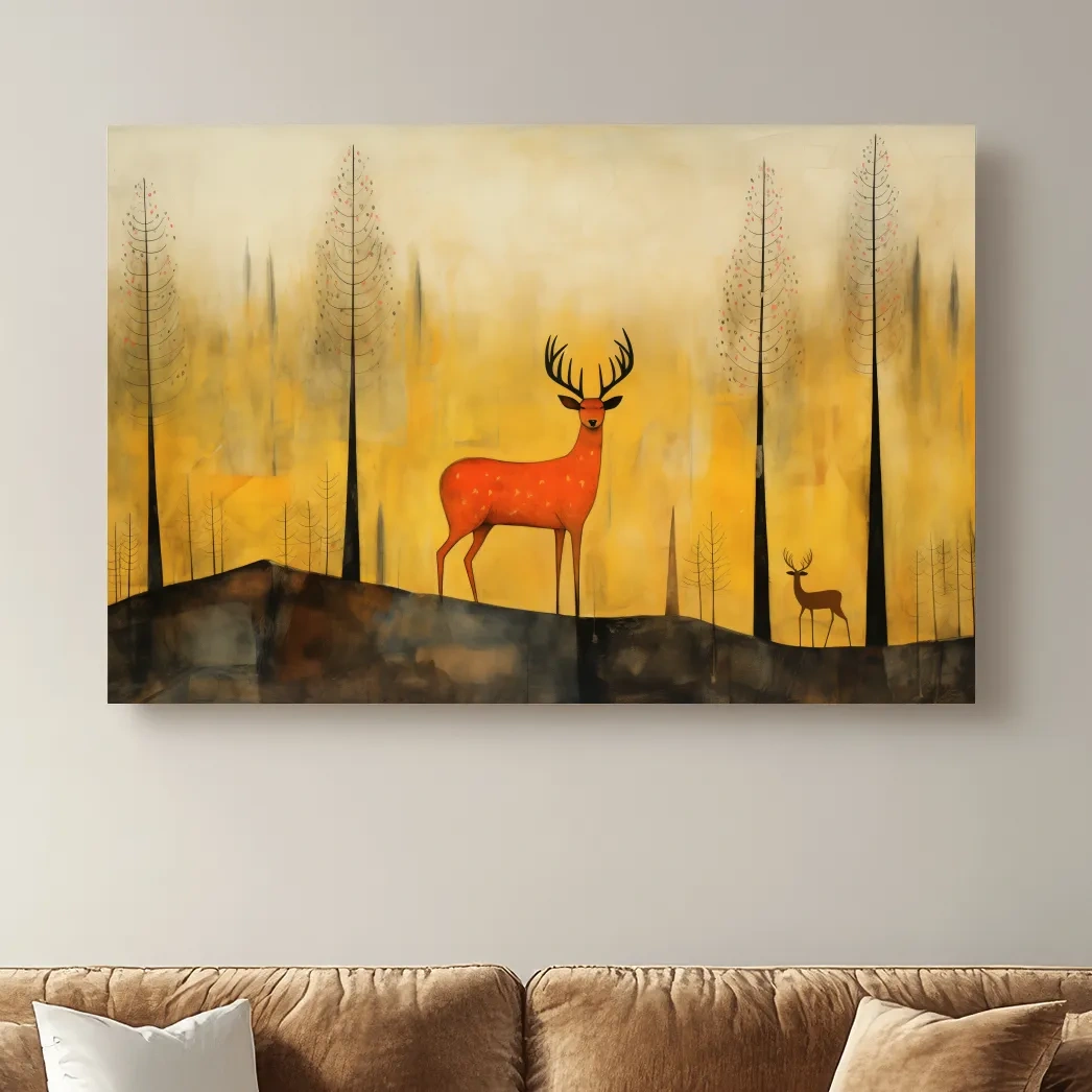 Whimsical Deer In Autumn Forest - Golden Woodland Landscape Wall Art
