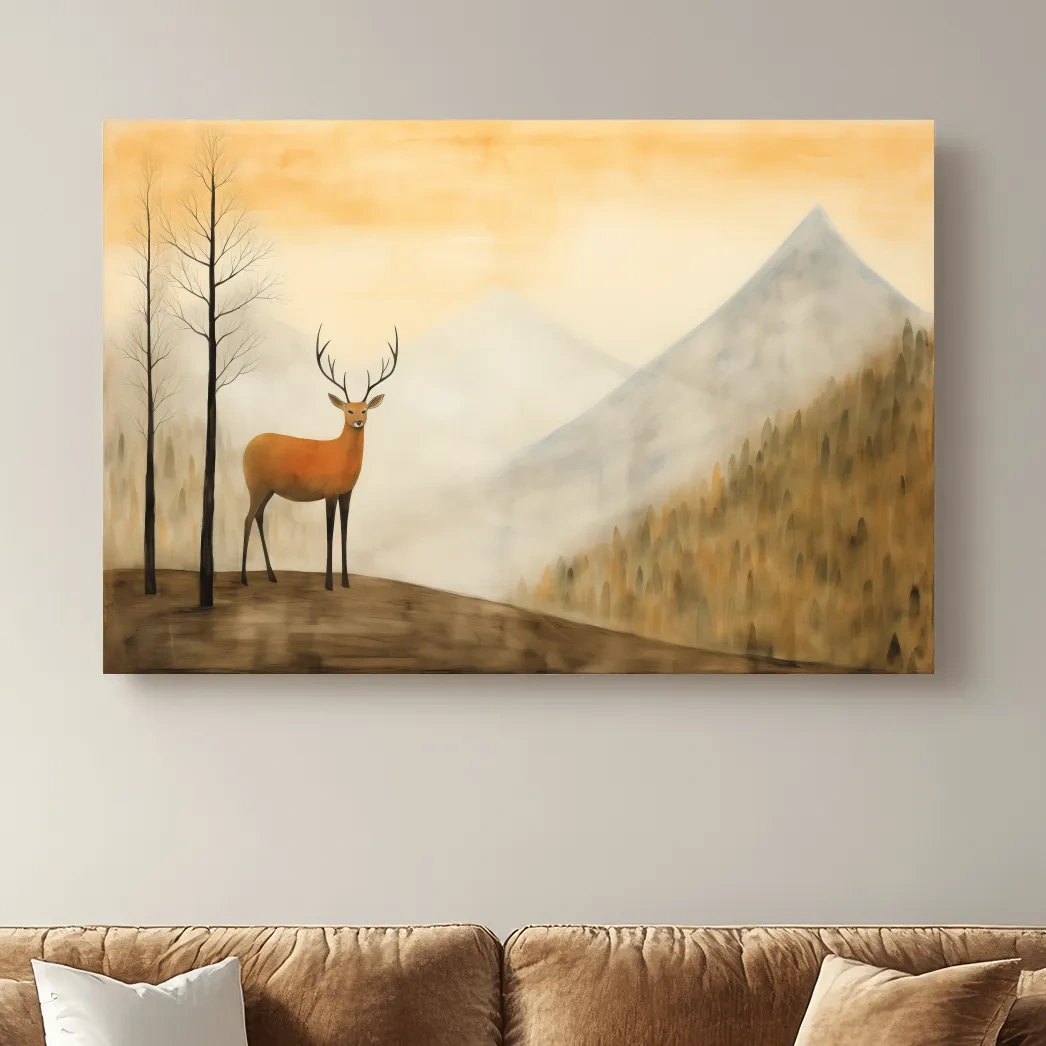 Deer standing in mountain mist, serene landscape wall artwork