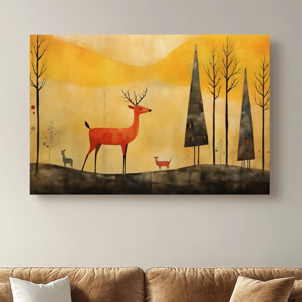 Whimsical Deer Forest Illustration - Autumn Woodland Landscape Wall Art