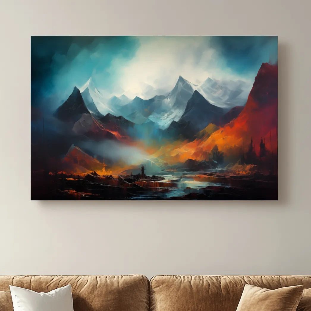 Colorful impressionist painting, abstract mountain landscape artwork