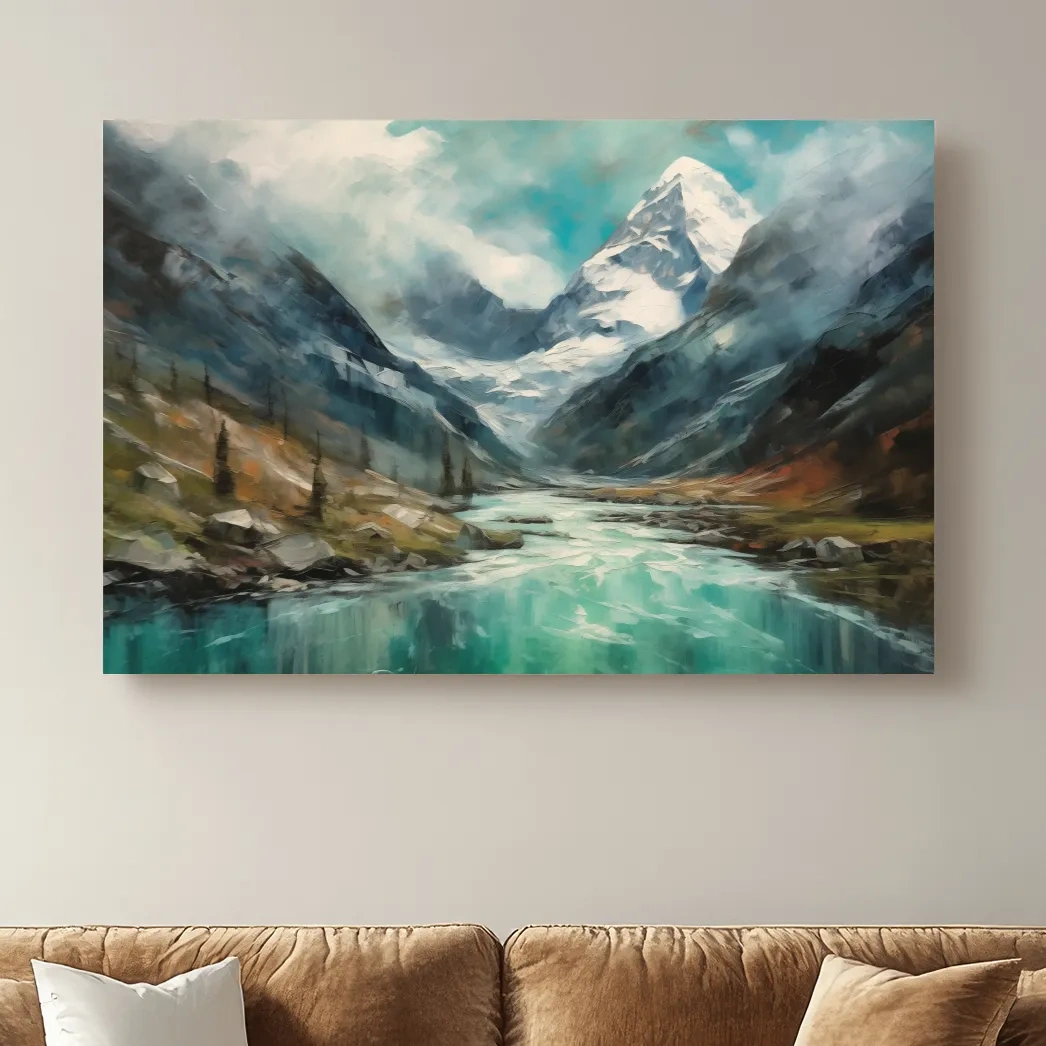Impressionist style painting of alpine meadows, glacier and lake