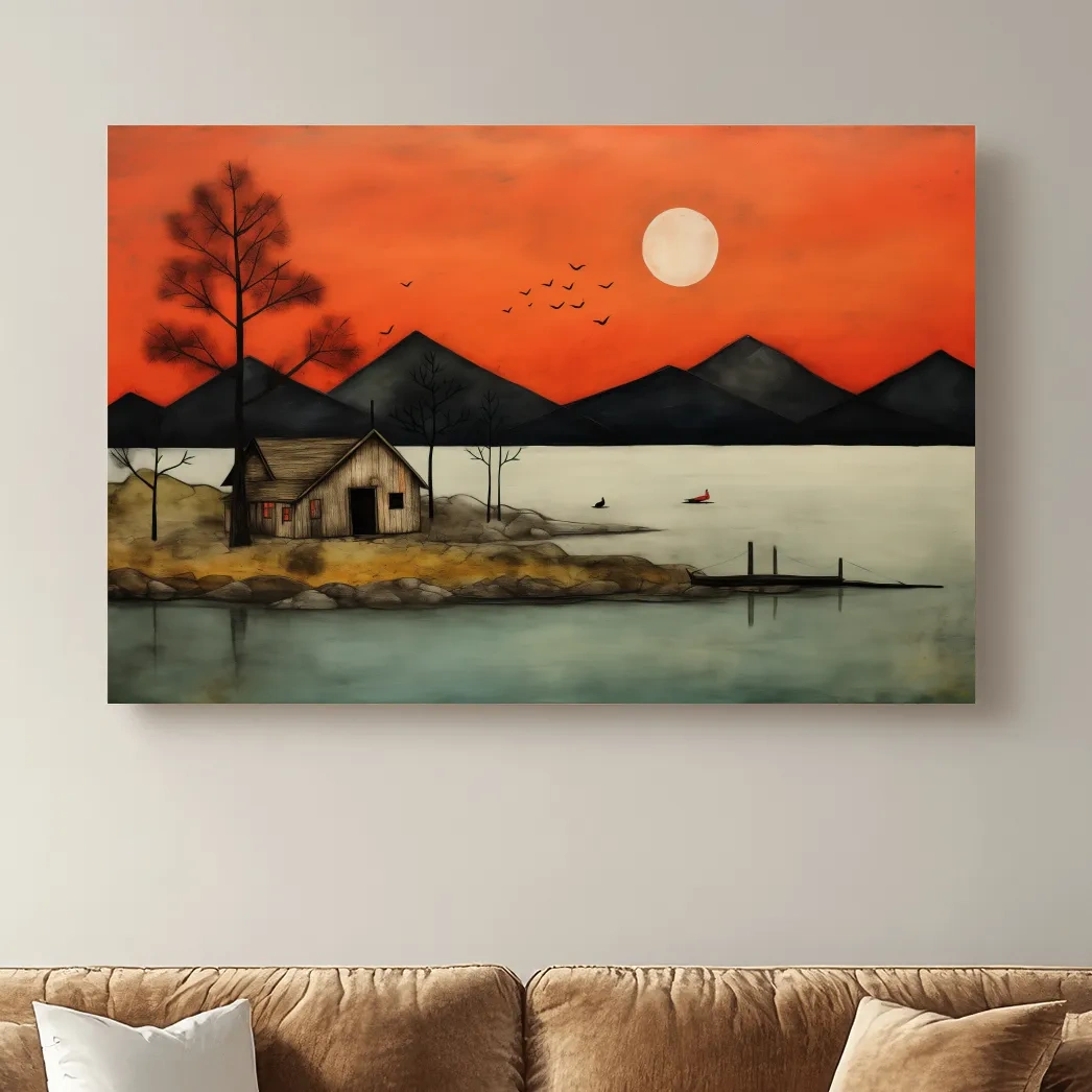 Rustic lakeside cabin art at sunset, textured effect wall art painting