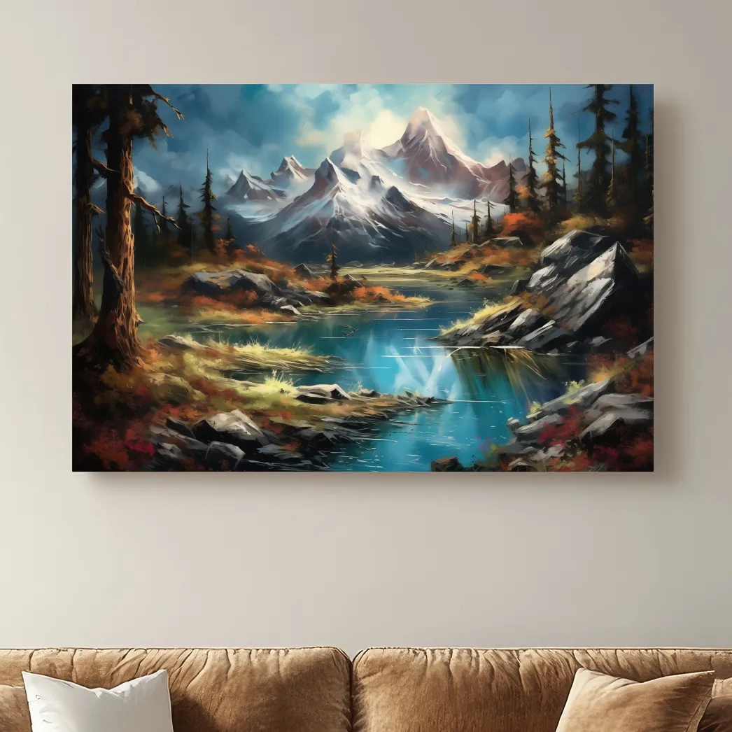 Serene alpine lake and snow-capped mountains wall artwork, vibrant scenic painting