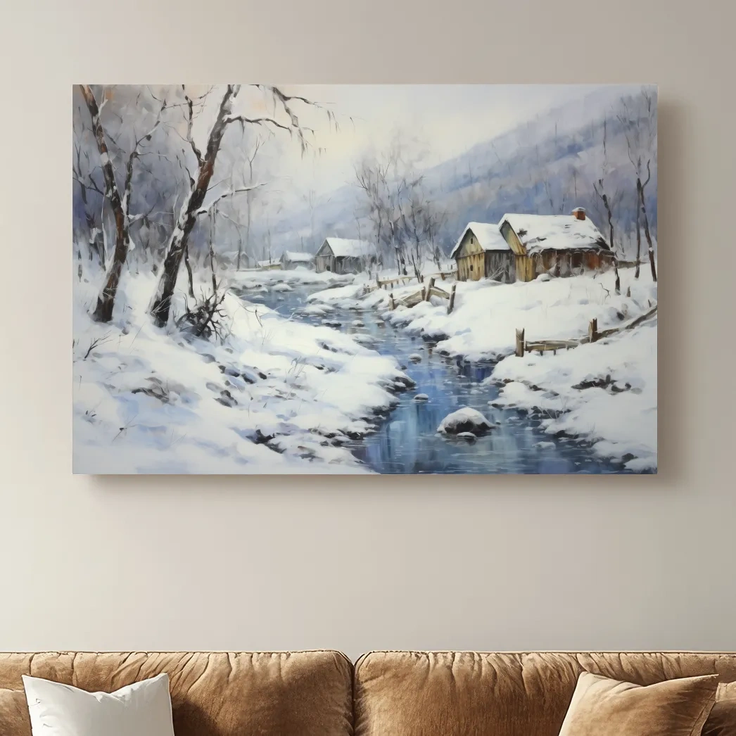 Snowy Winter Cabin Stream Landscape - Serene Rustic Wall Art