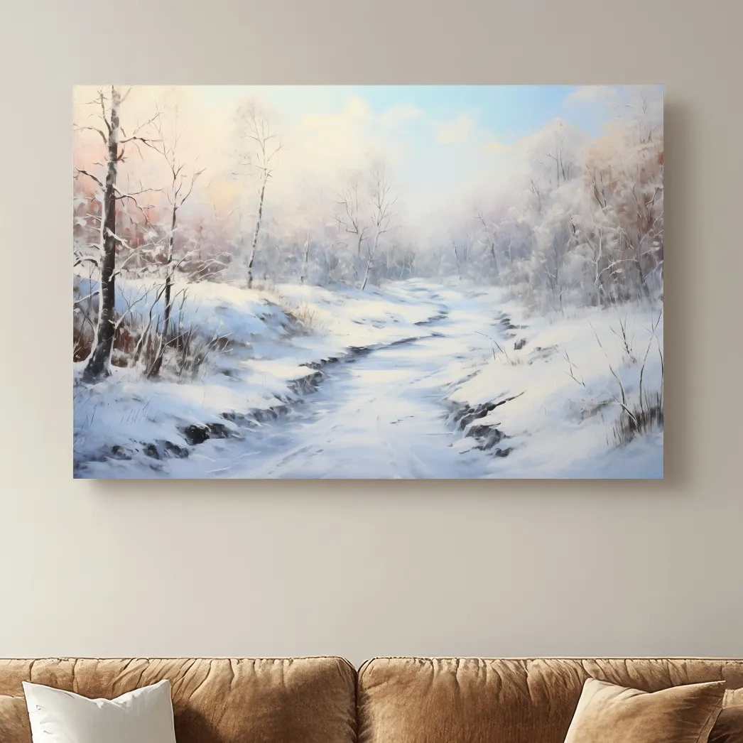 Winter landscape artwork, serene snowy forest path with soft pastel sky