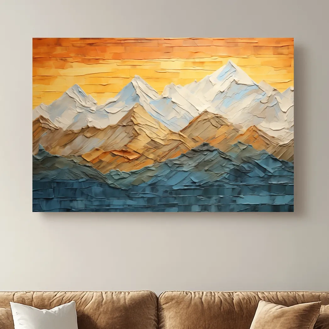Impasto Style Mountain Range Sunset - Pallet Knife Painting Effect Wall Art
