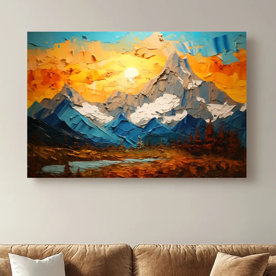 Colorful sunset mountain art, thick textured palette knife painting effect print