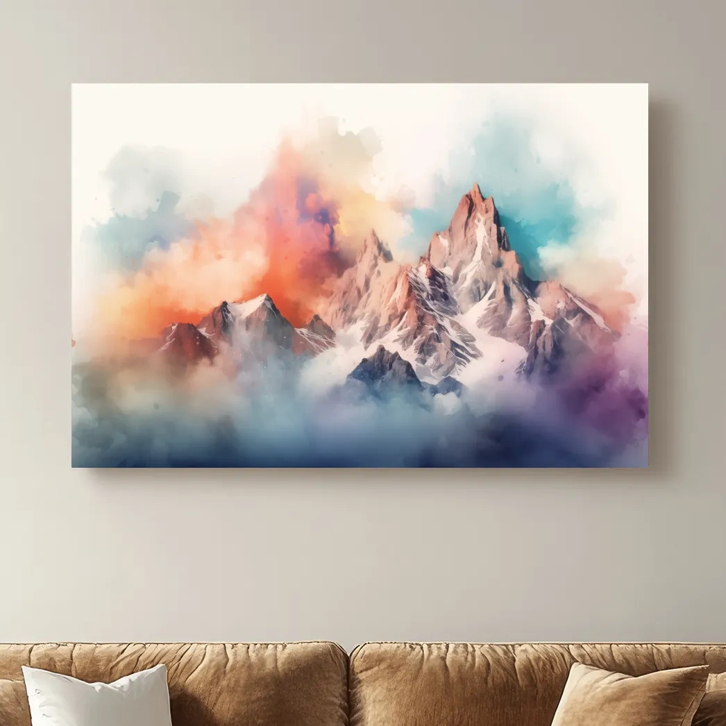 Abstract colourful mountain artwork, vibrant effect with clouds and peaks