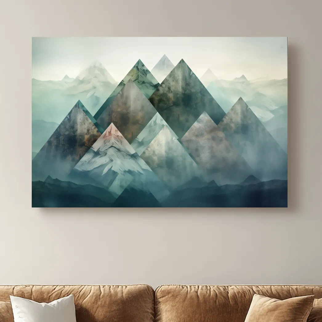Geometric Misty Mountain Peaks - Mystical Abstract Alpine Wall Art