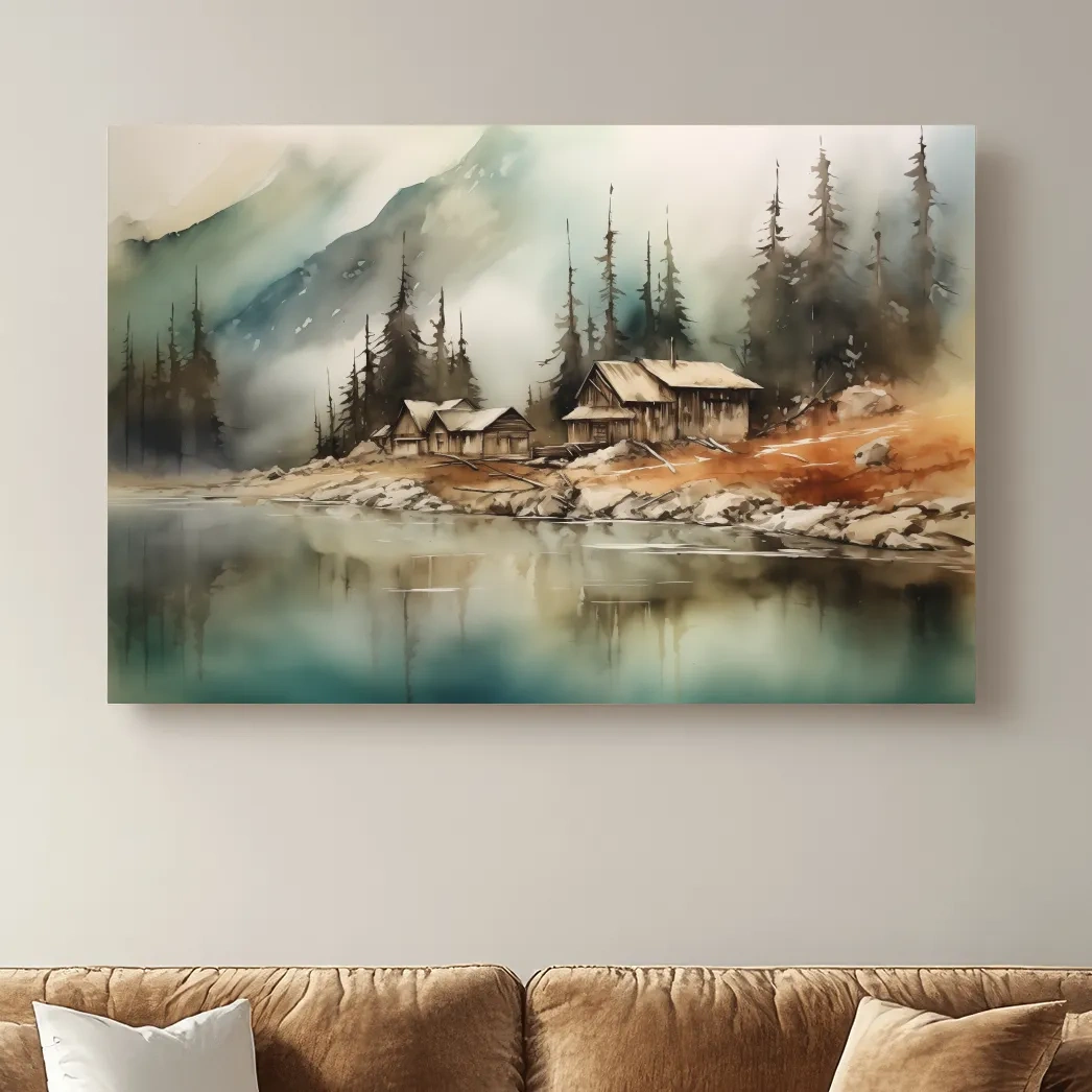 Rustic Lakeside Cabin Watercolor Landscape - Serene Alpine Mountain Wall Art