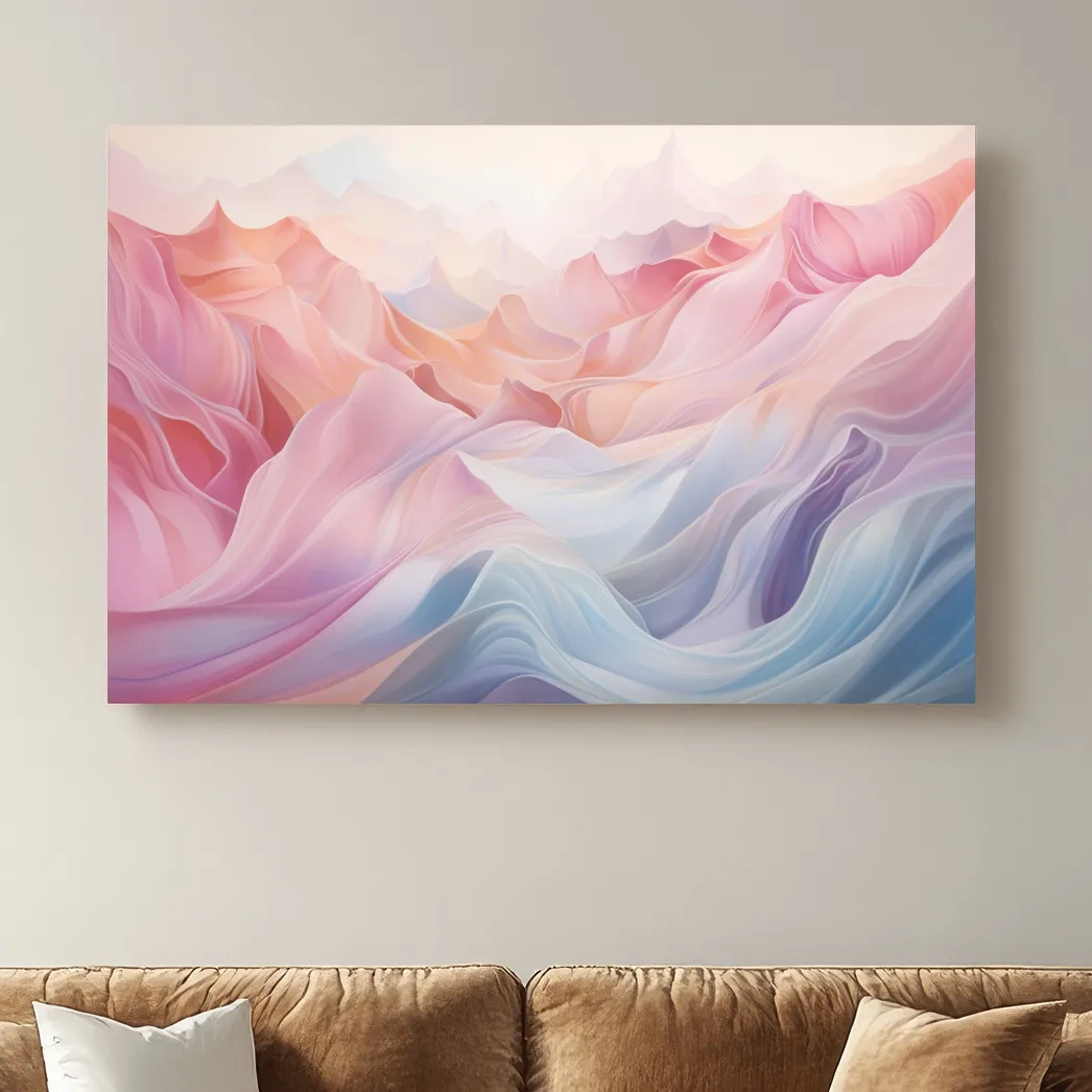 Soft pastel abstract mountain landscape artwork, flowing abstract waves in pink and blue tones