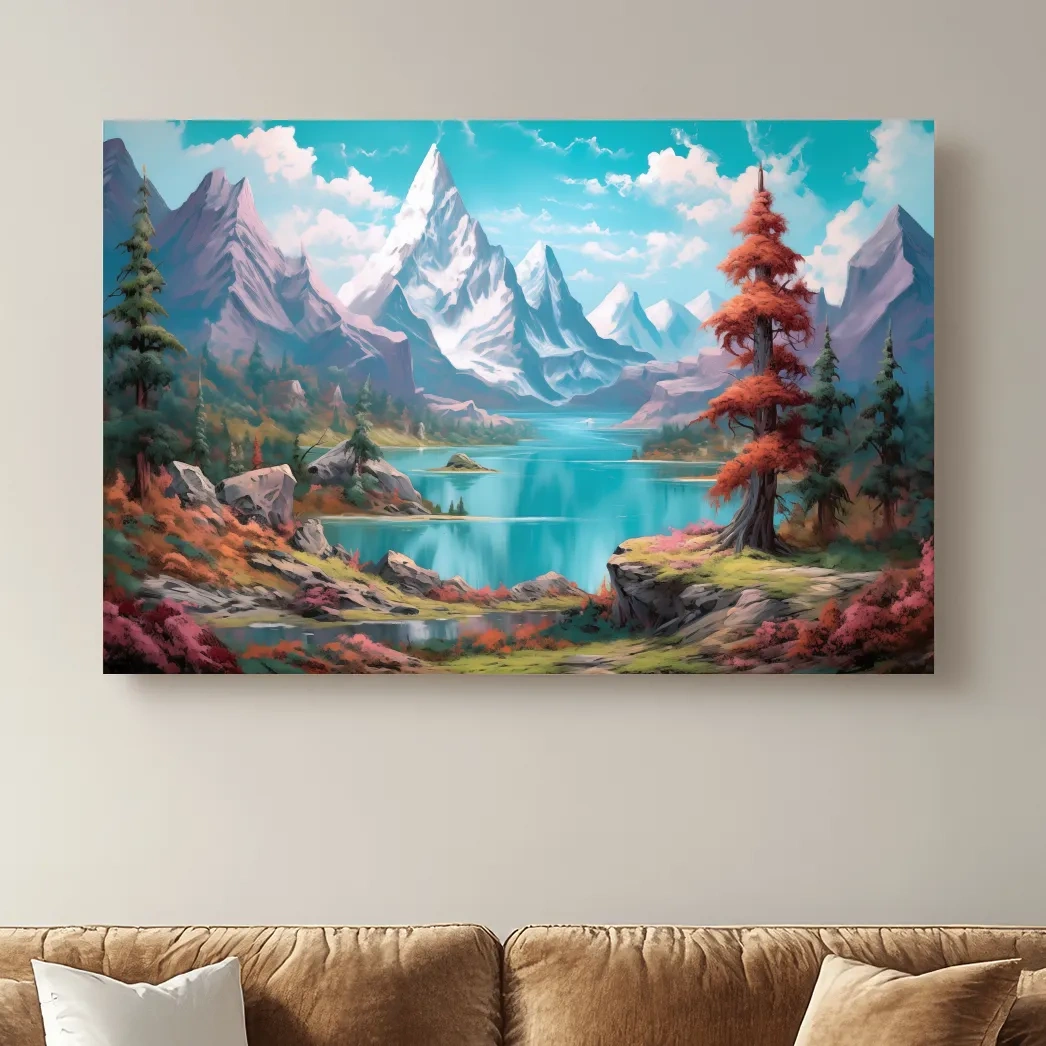 Painting of a surreal alpine mountain landscape