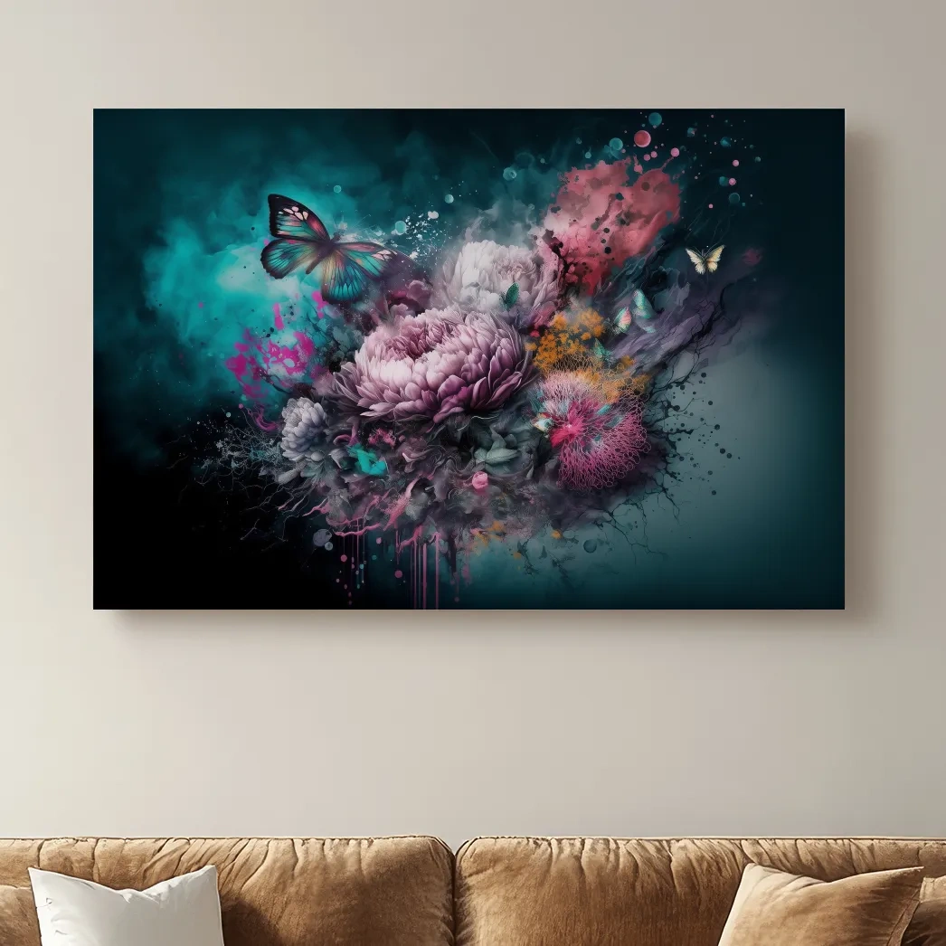 Fantasy floral explosion artwork with butterflies, vibrant abstract wall art