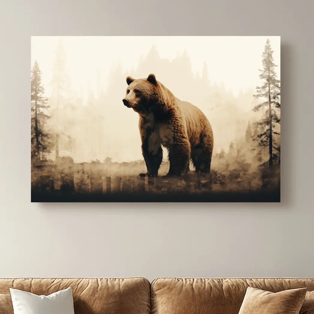 Grizzly bear in the forest, double exposure sepia photography artwork