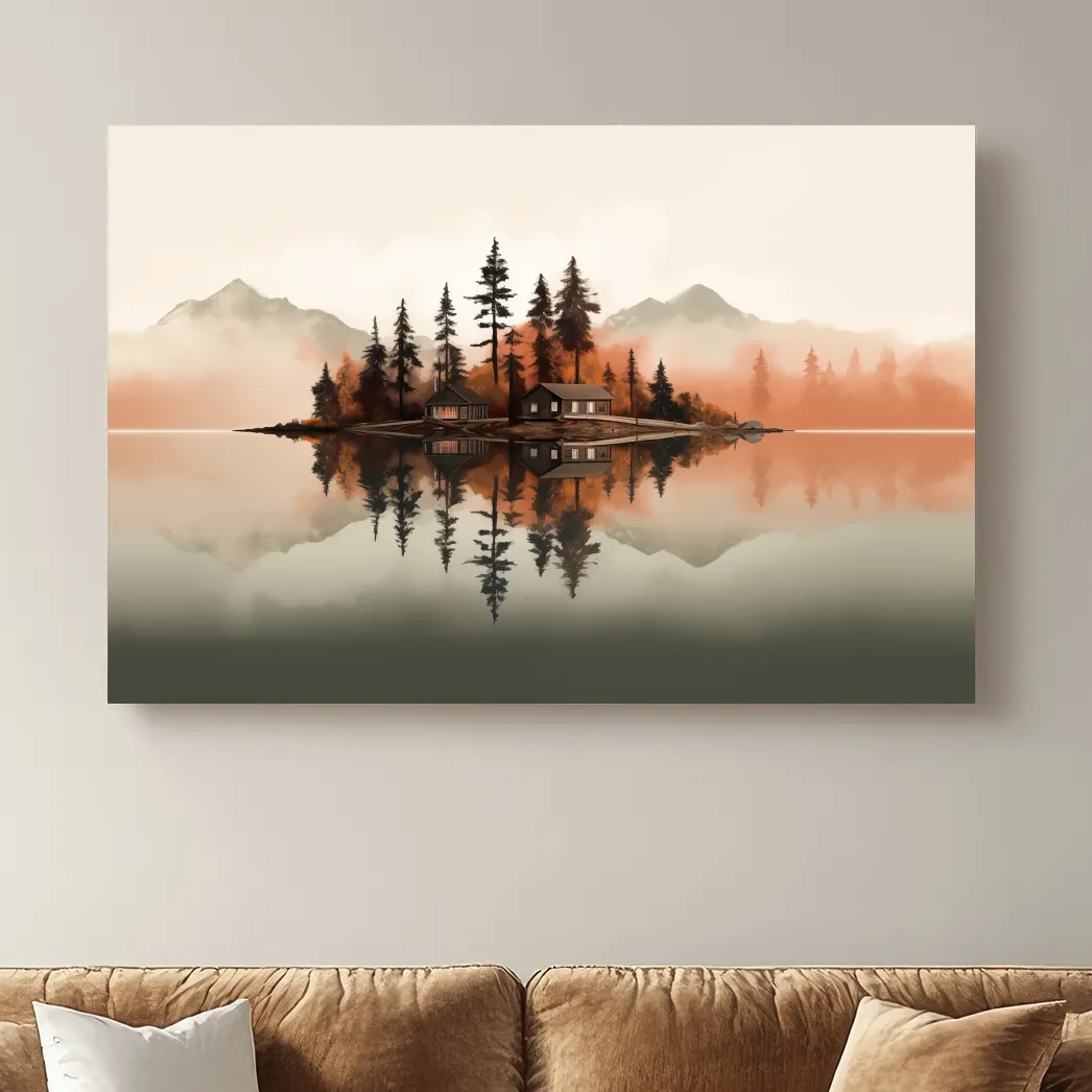Minimalist art, lakeside cabin amongst the trees