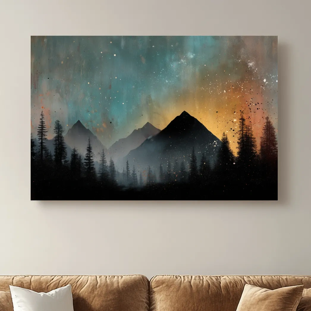 Colorful mountain sunrise artwork, misty forest and starry sky painting