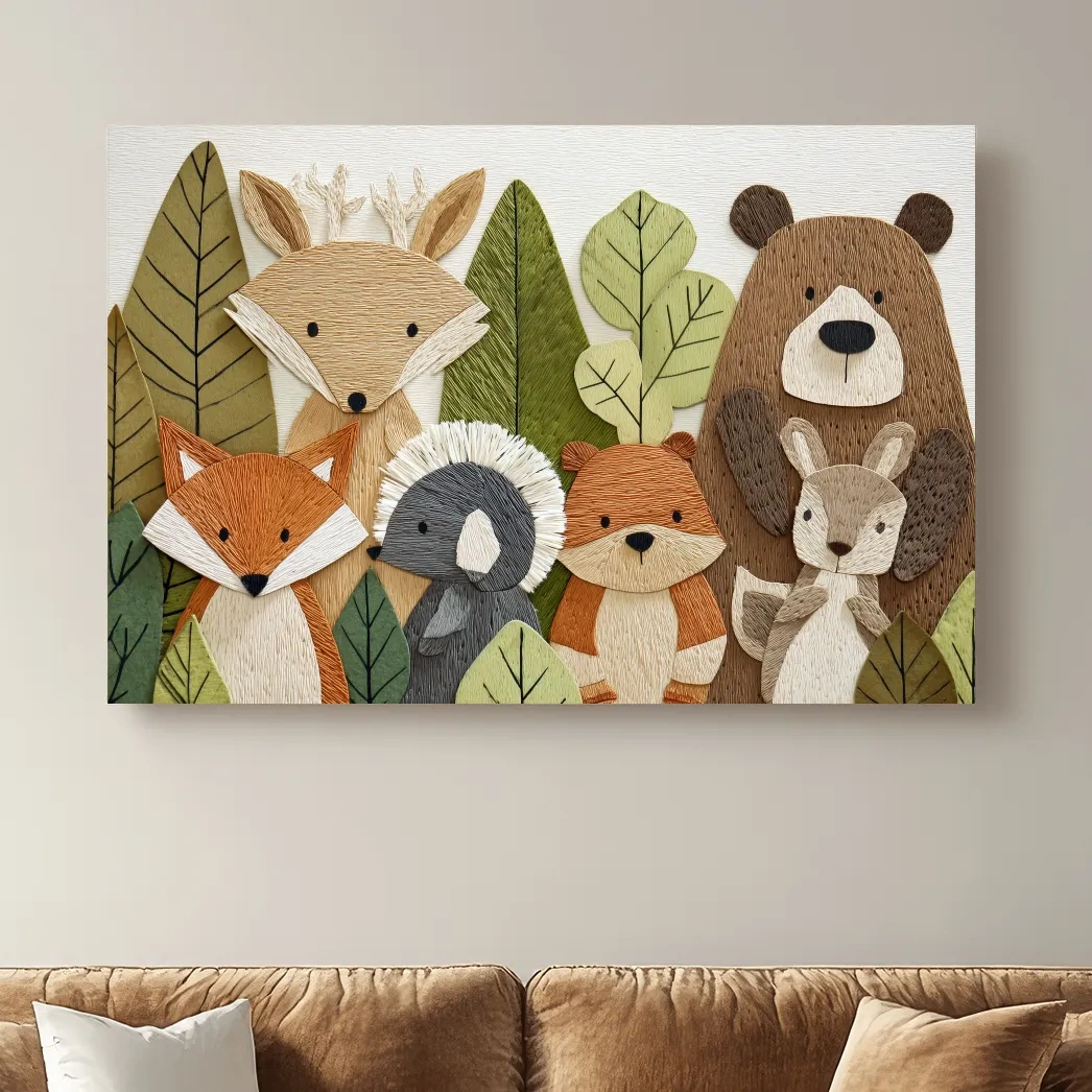 Woodland animal nursery decor, cute forest animal wall art in textured embroidery style
