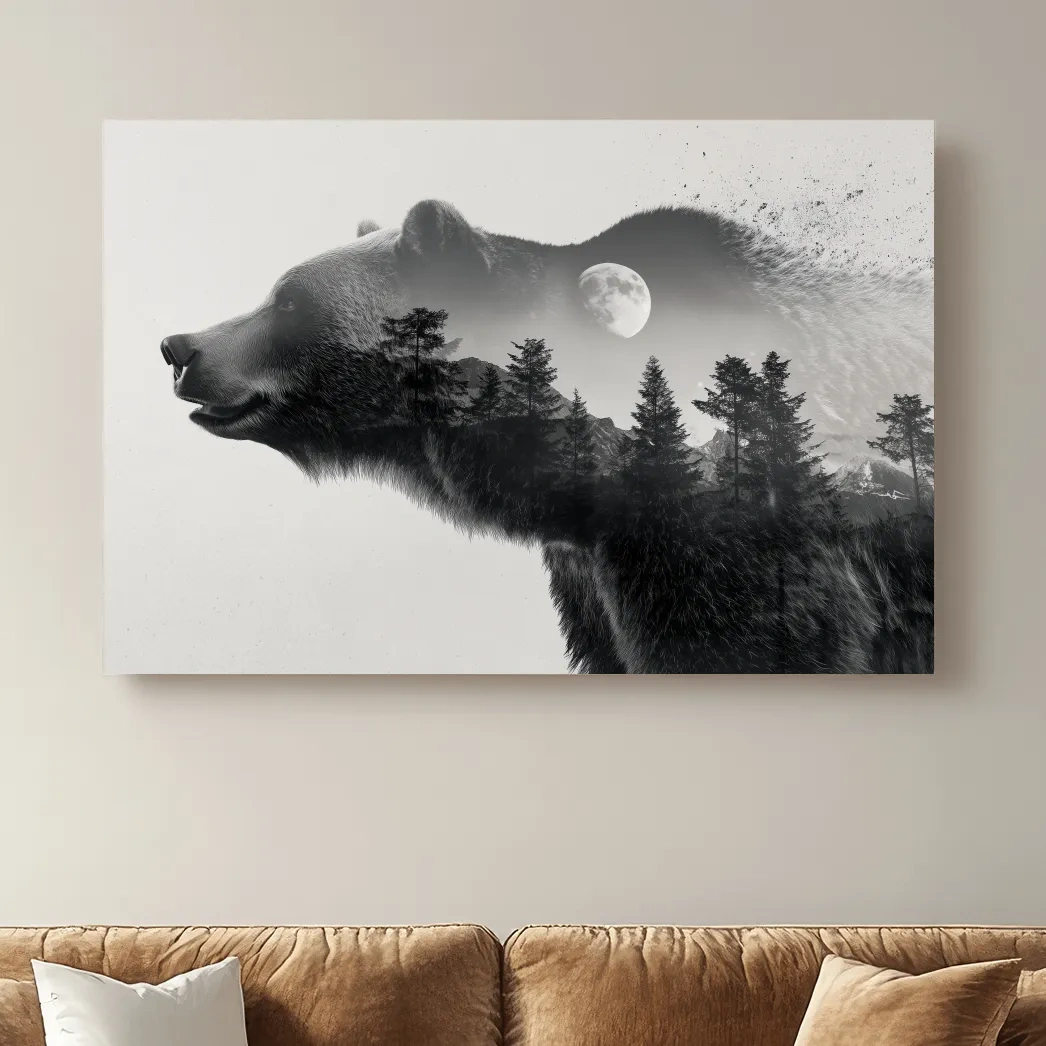 Black And White Grizzly Bear Double Exposure - Moonlit Pine Forest Mountain Wall Art