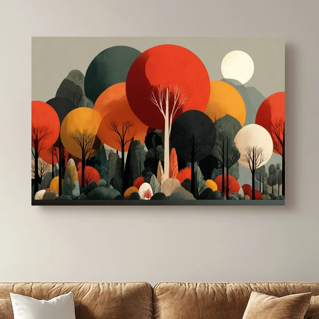 Mid-Century Modern Abstract Forest Canvas Art: Bold Geometric Tree Wall Art
