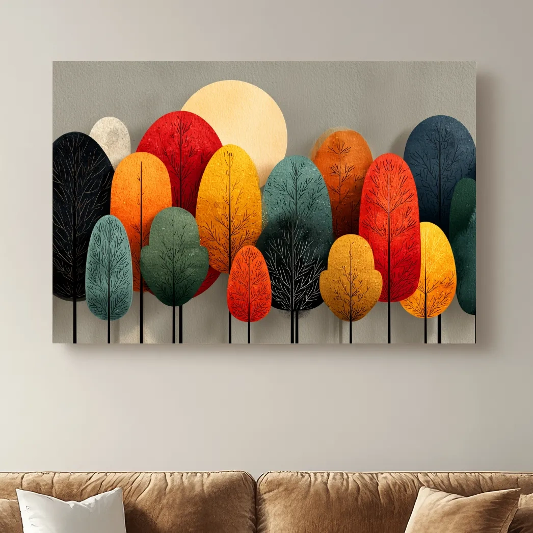Mid-Century Abstract Autumn Forest Trees - Modern Scandinavian Landscape Artwork
