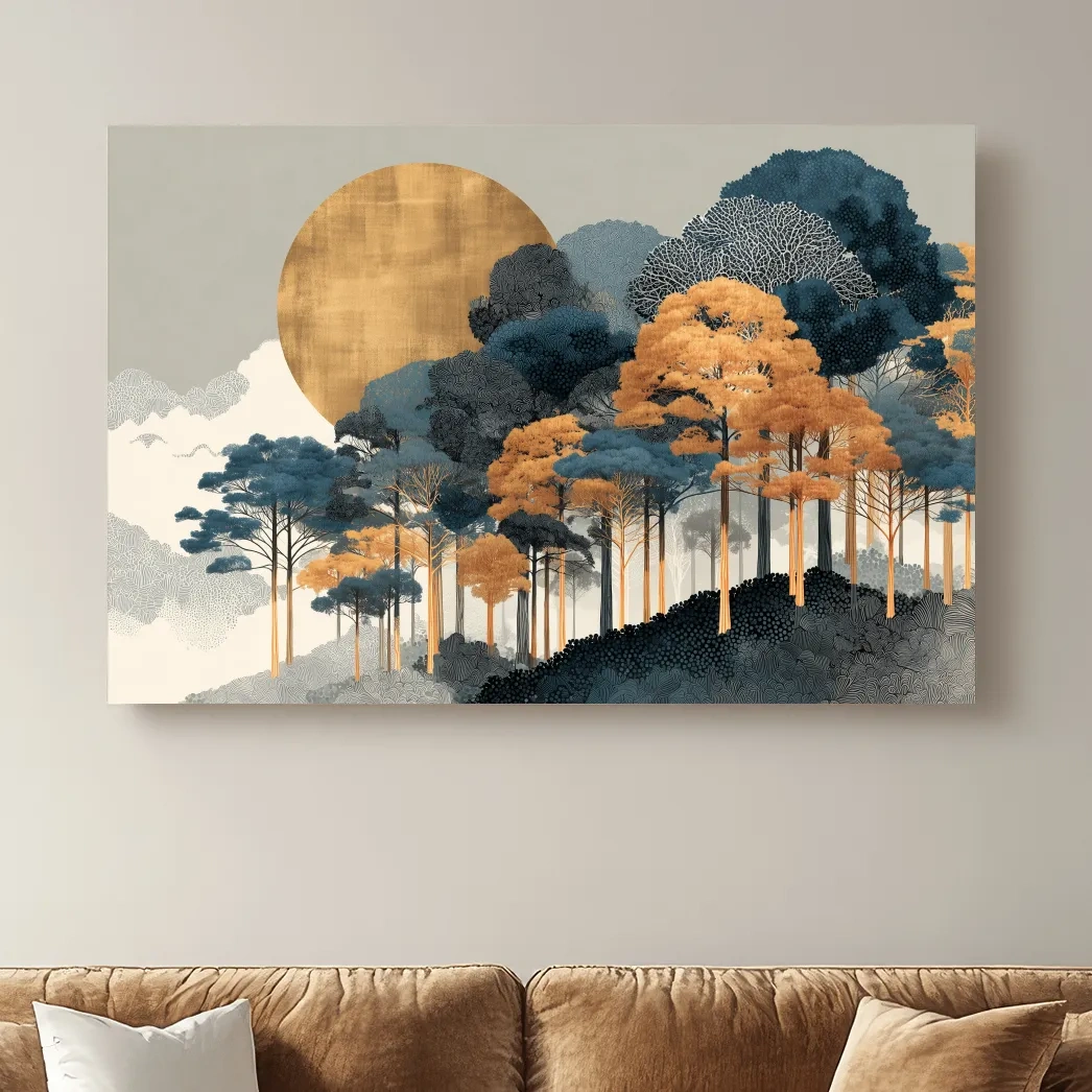 Modern Chic Golden Sun Over Autumn Forest - Elegant Boho Landscape Wall Art