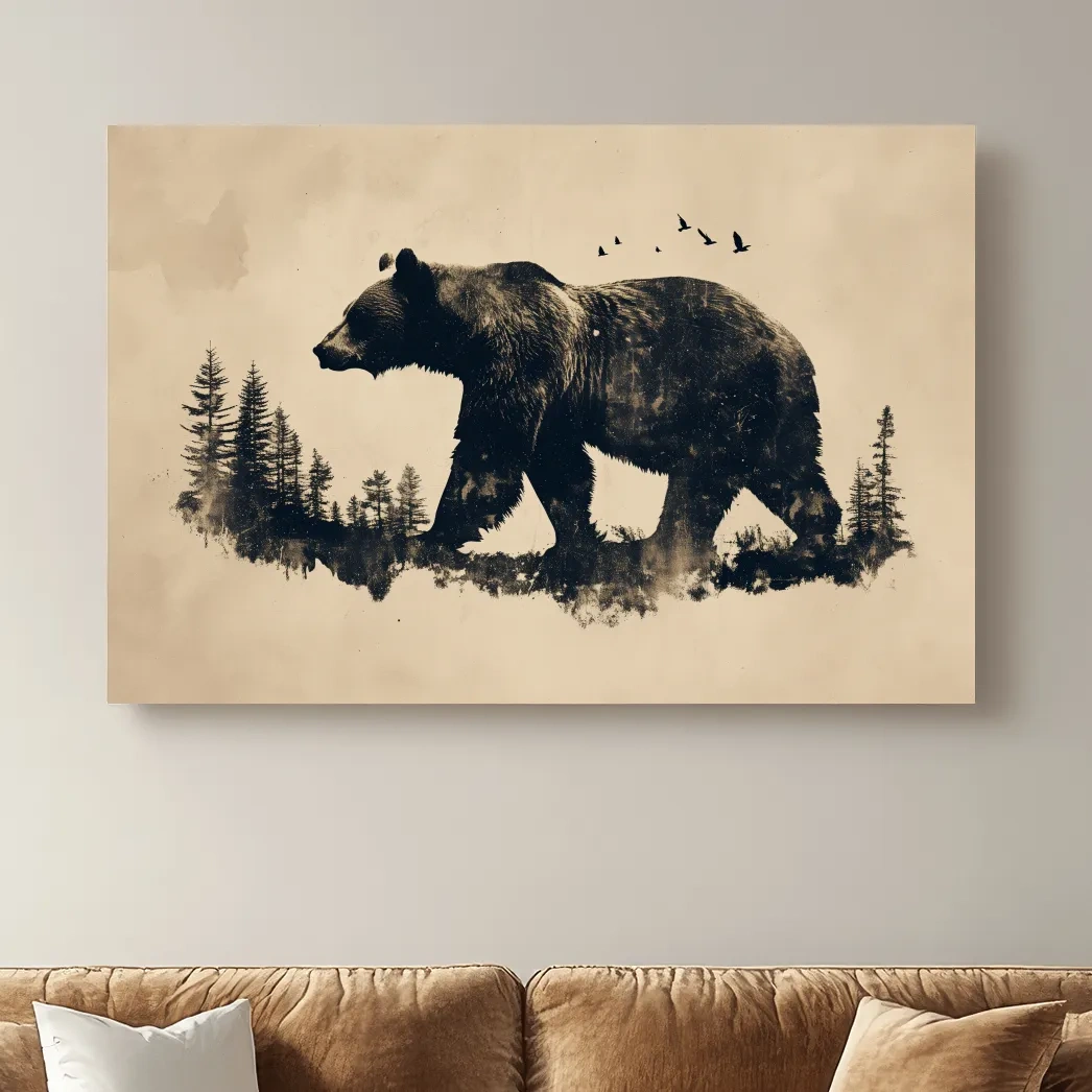 Vintage Grizzly Bear Forest Silhouette - Rustic Wildlife Wall Art