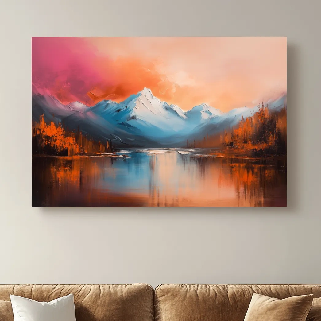 Sunset Mountain Lake Painting - Serene Abstract Landscape Wall Art Print