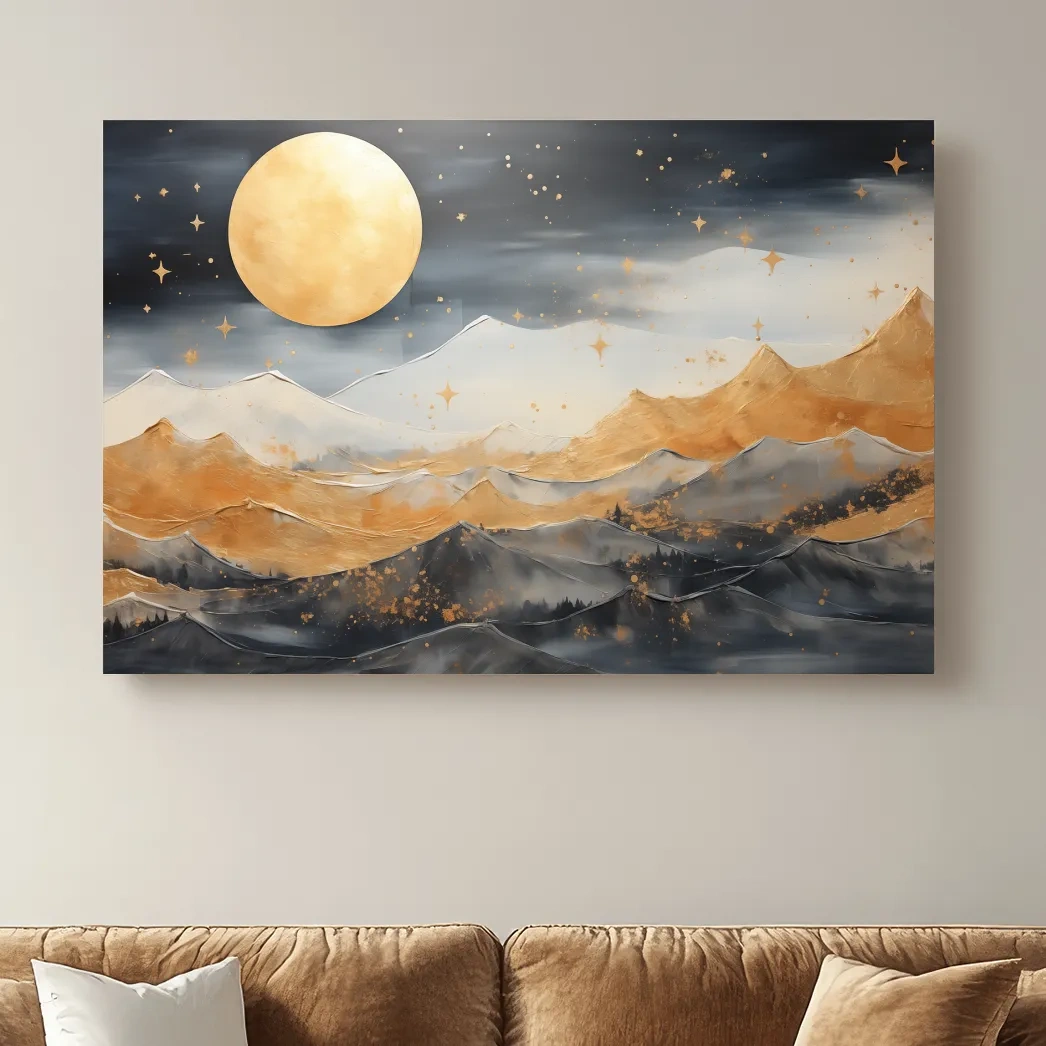 Golden Moonlit Abstract Mountain Landscape - Modern Metallic Watercolor Wall Art