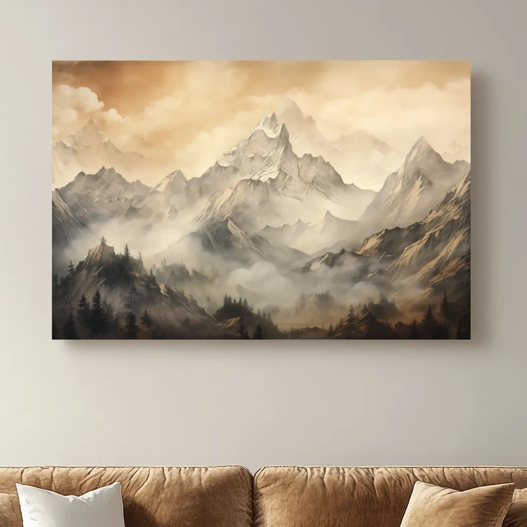 Moody Sepia Misty Mountain Peaks - Atmospheric Alpine Landscape Painting Wall Art