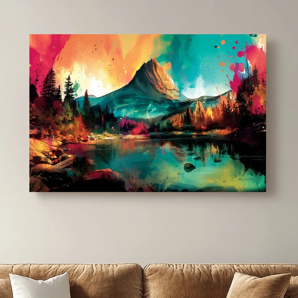 Vibrant Abstract Alpine Mountain Sunrise - Colorful Watercolor Style Artwork