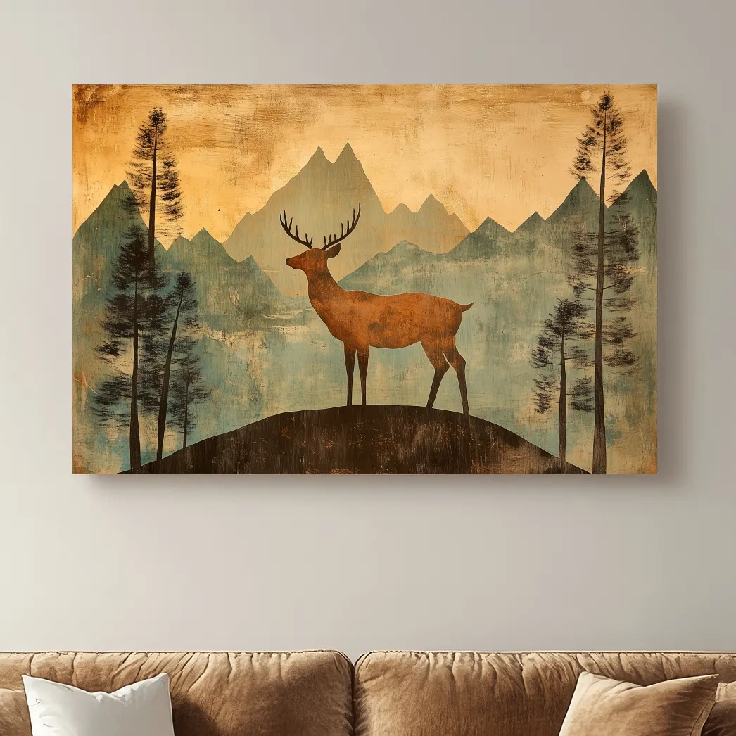 Rustic Deer Silhouette Mountain Landscape - Vintage Woodland Wall Art