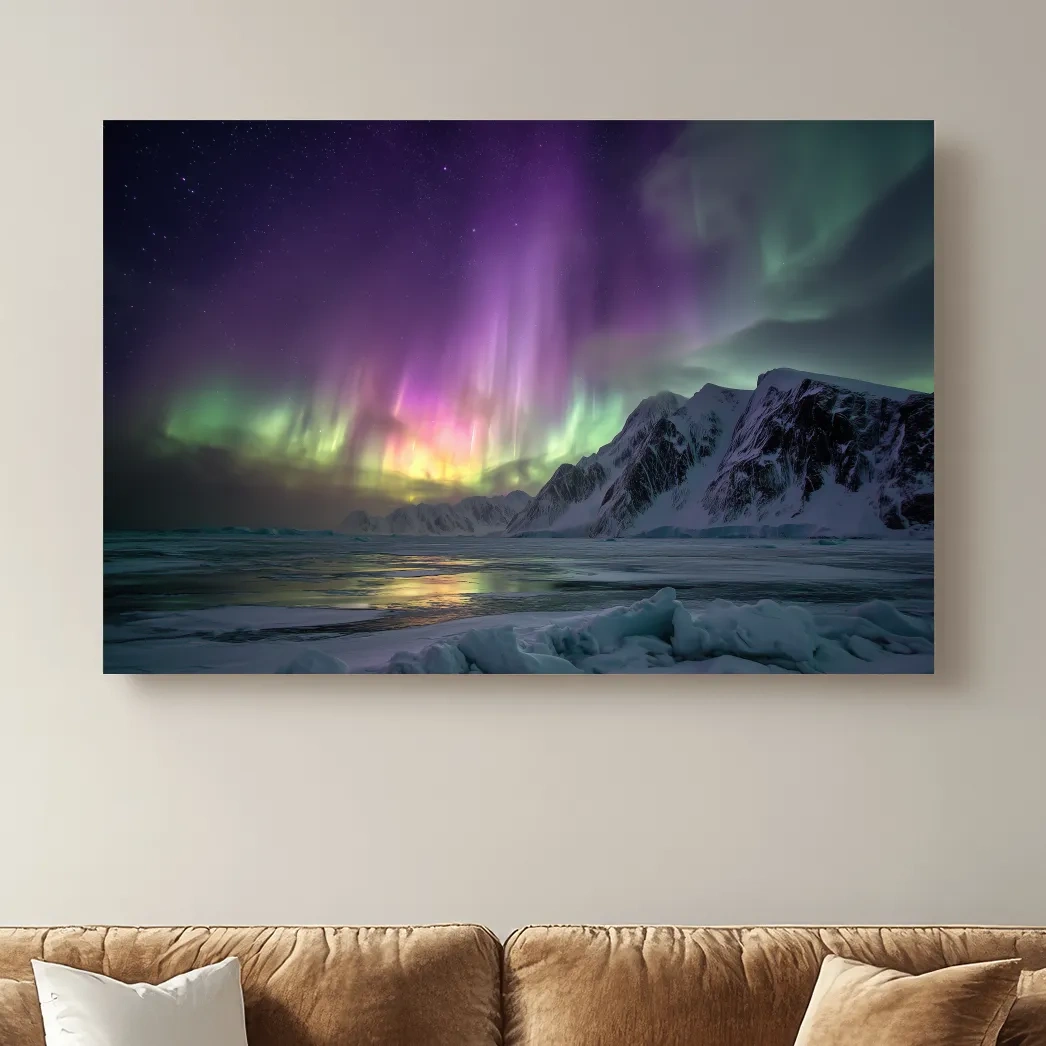 Vibrant Northern Lights Over Snowy Mountains - Aurora Borealis Photographic Night Sky Wall Art
