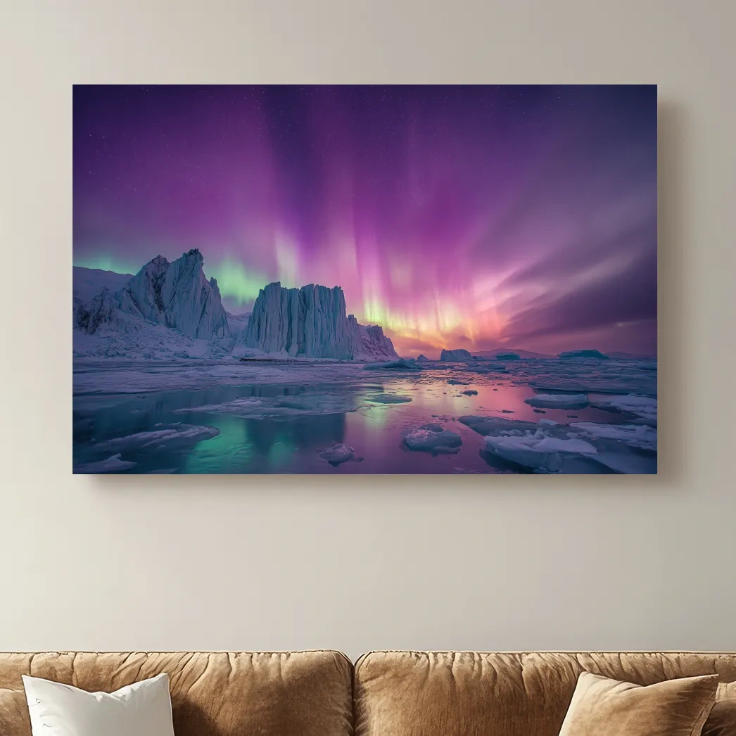 Vibrant Purple Northern Lights Over Arctic Icebergs - Aurora Borealis Landscape Wall Art