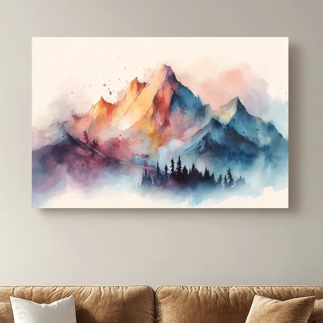 Vibrant Watercolor Mountain Peaks - Colorful Misty Alpine Forest Wall Art