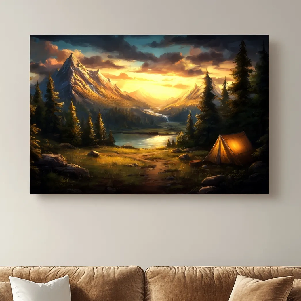 Golden Sunset Alpine Camping Scene Impressionist Painting - Scenic Mountain Wall Art