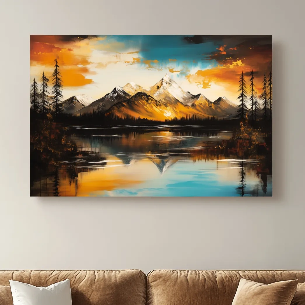 Alpine Mountain Sunset Oil Painting - Abstract Landscape Wall Art
