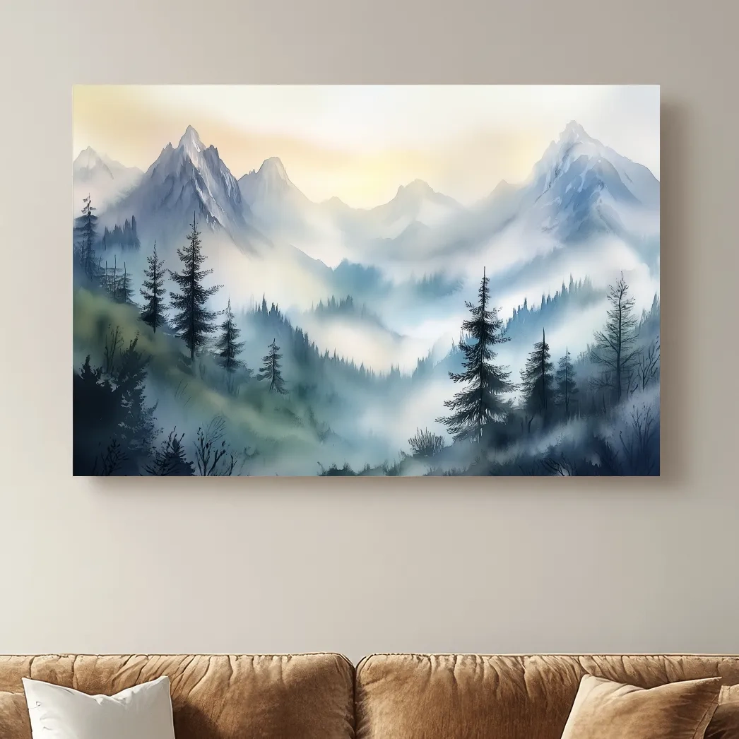 Chinese Ink Wash Watercolor Mountain Peaks - Foggy Alpine Wall Art