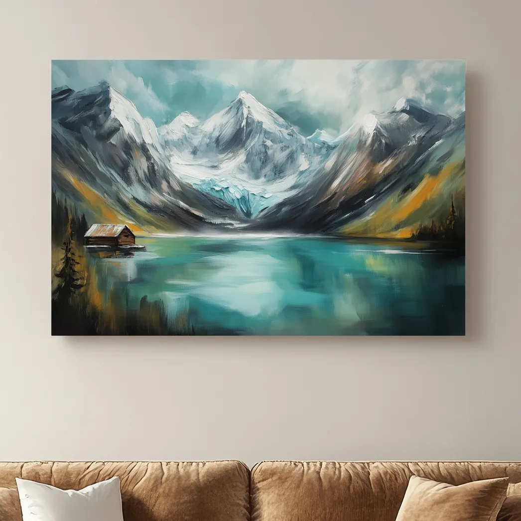 Turquoise Alpine Lake Cabin Painting - Snowy Mountain Landscape Wall Art
