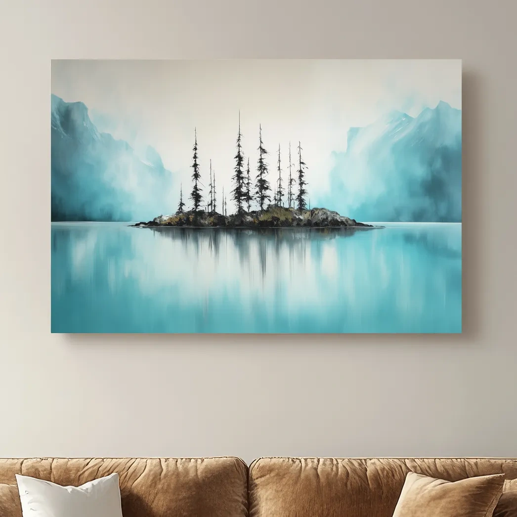 Misty Turquoise Mountain Lake Reflection - Minimalist Watercolor Landscape Wall Art