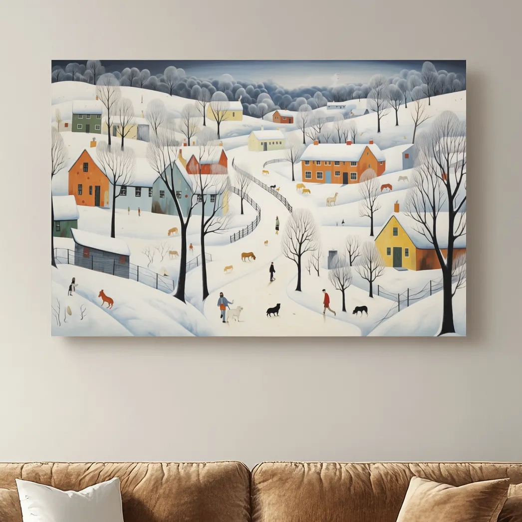 Whimsical Snowy Village Winter Landscape Painting - Folk Art Countryside Wall Art