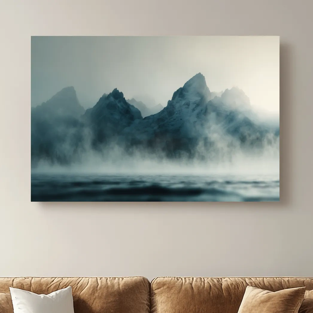 Moody Misty Mountain Peaks Over Water - Atmospheric Monochrome Landscape Wall Art