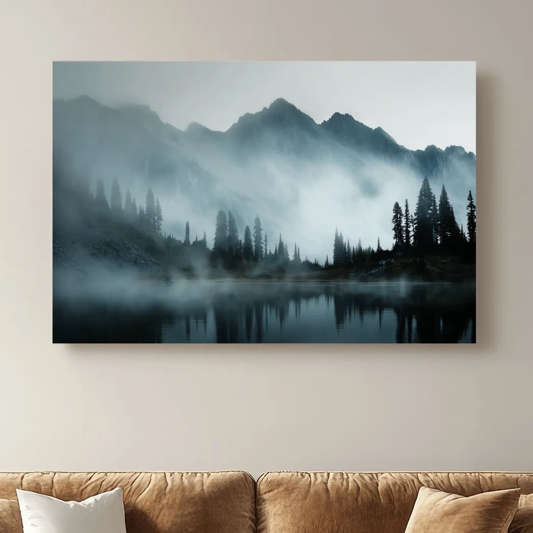 Moody Misty Mountain Lake Photography - Atmospheric Alpine Forest Wall Art