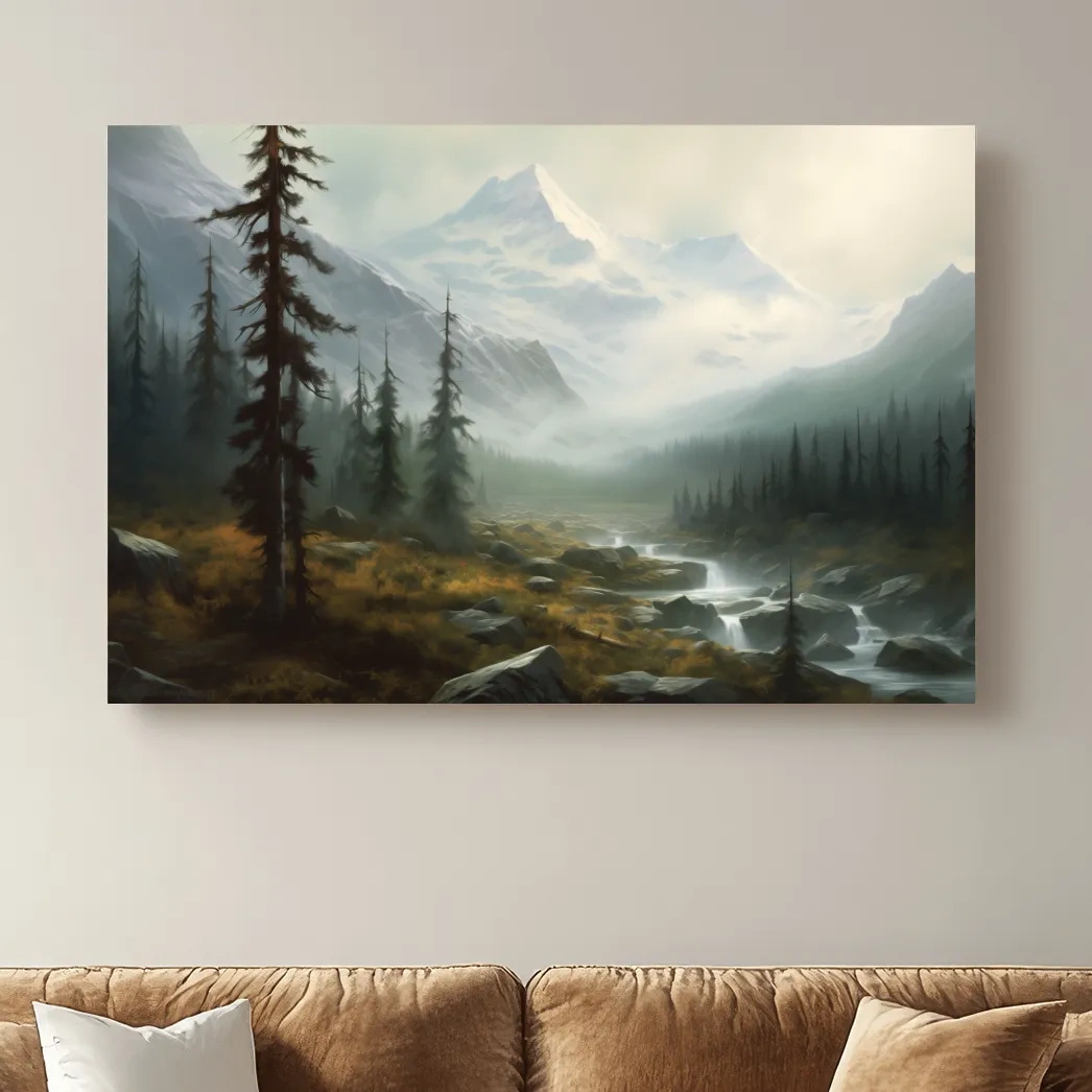 Misty Alpine Mountain Valley Painting - Foggy Evergreen Forest Wall Art