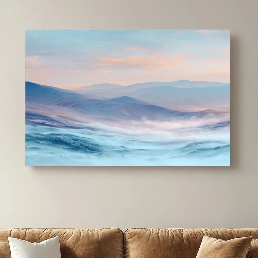 Ethereal Pastel Misty Mountain Landscape - Serene Abstract Forest Wall Art