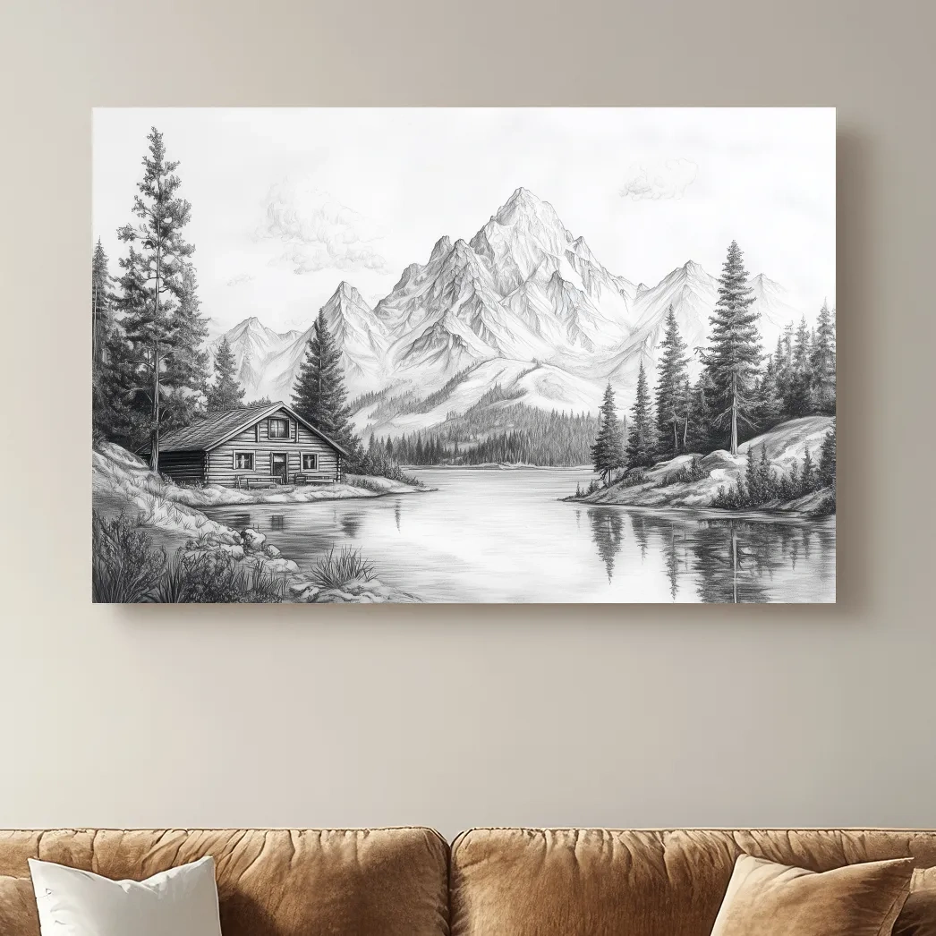 Vintage Pencil Sketch Alpine Lake Cabin - Black And White Mountain Landscape Wall Art