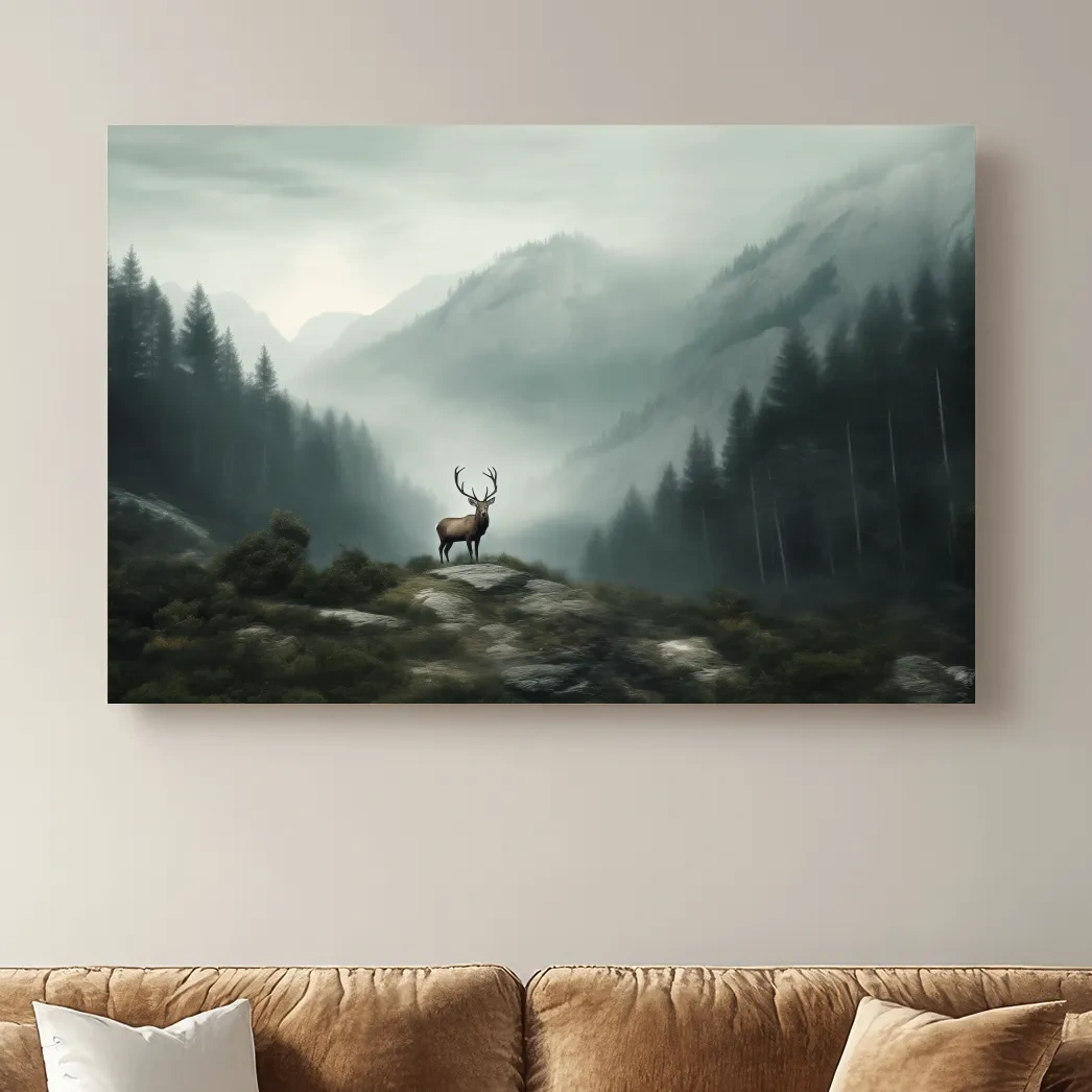 Moody Misty Mountain Deer Landscape - Atmospheric Forest Wildlife Wall Art
